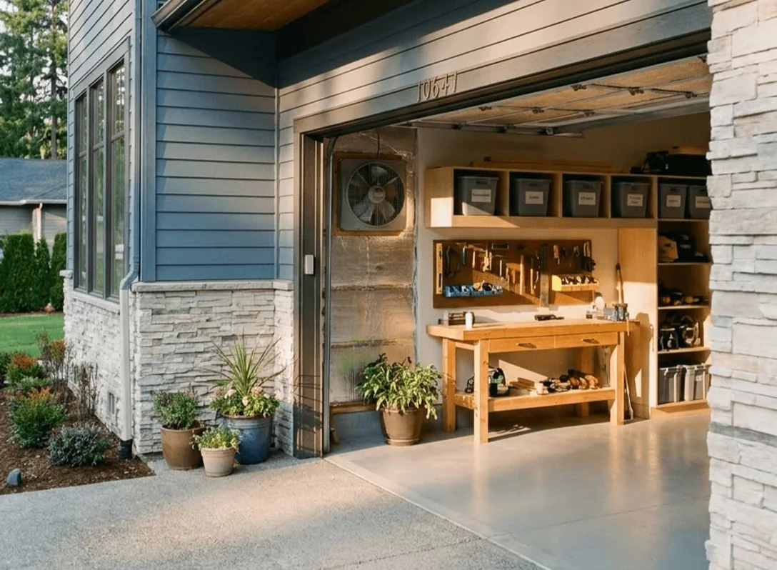 A PRO Construction garage with the door open, showing overhead storage, a workbench and a tool wall, on a home with blue siding and stone