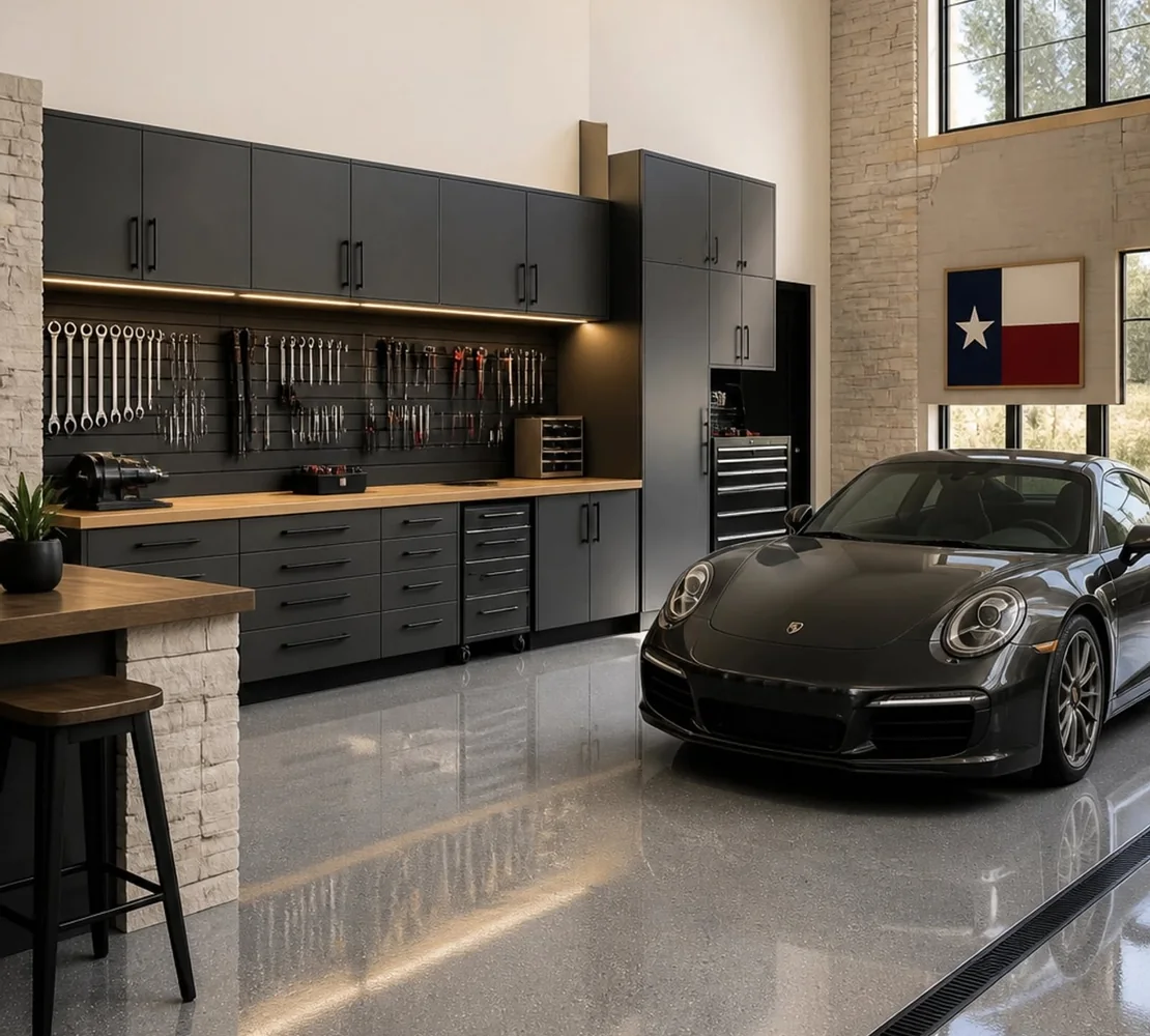 A finished PRO Construction garage interior with custom cabinetry, a full tool wall, polished concrete floor and a sports car